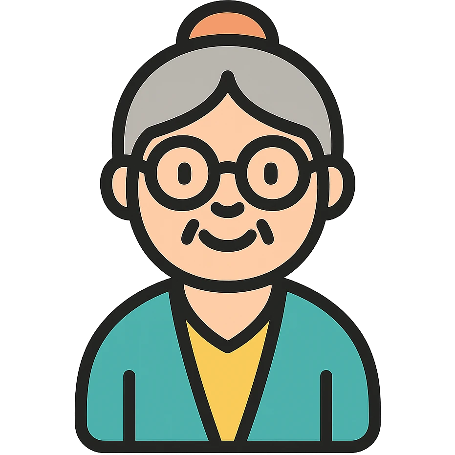 elderly smiling granny who looks like a librarian, glasses, neat hair bun, cardigan emoji
