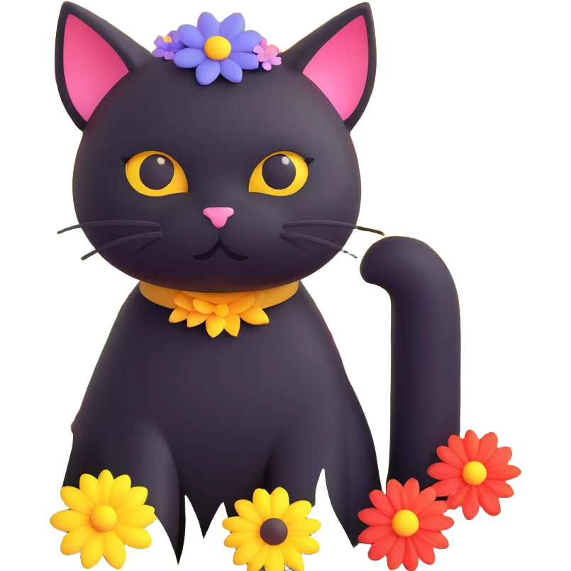 A black cat with a flower on its head in a field of flowers, monochromatic emoji