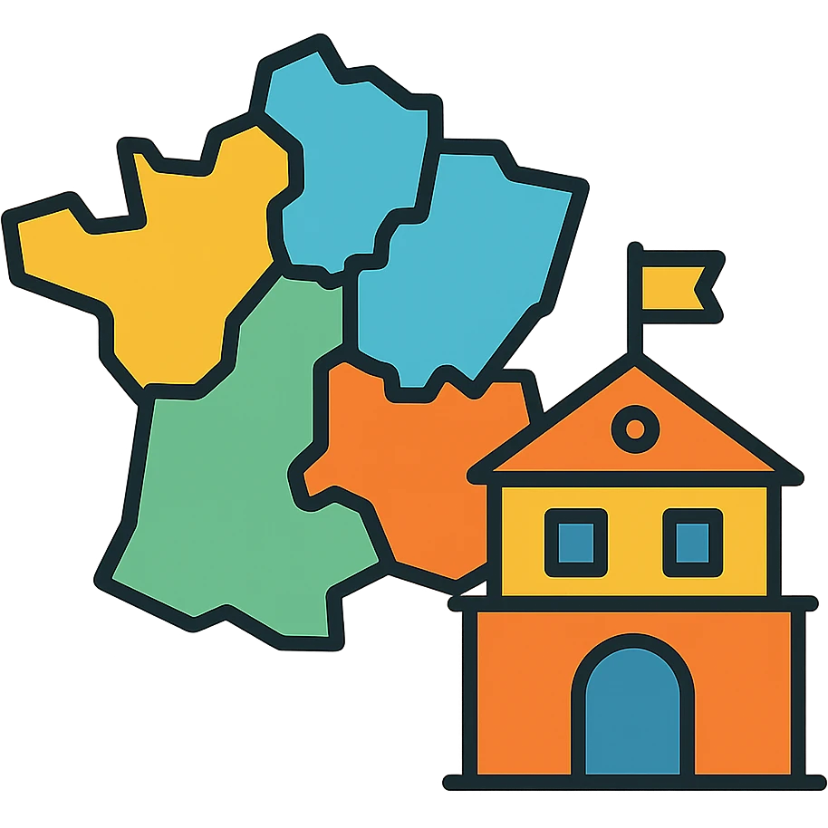 Map with regional divisions and town hall building - representing Collectivités Territoriales emoji