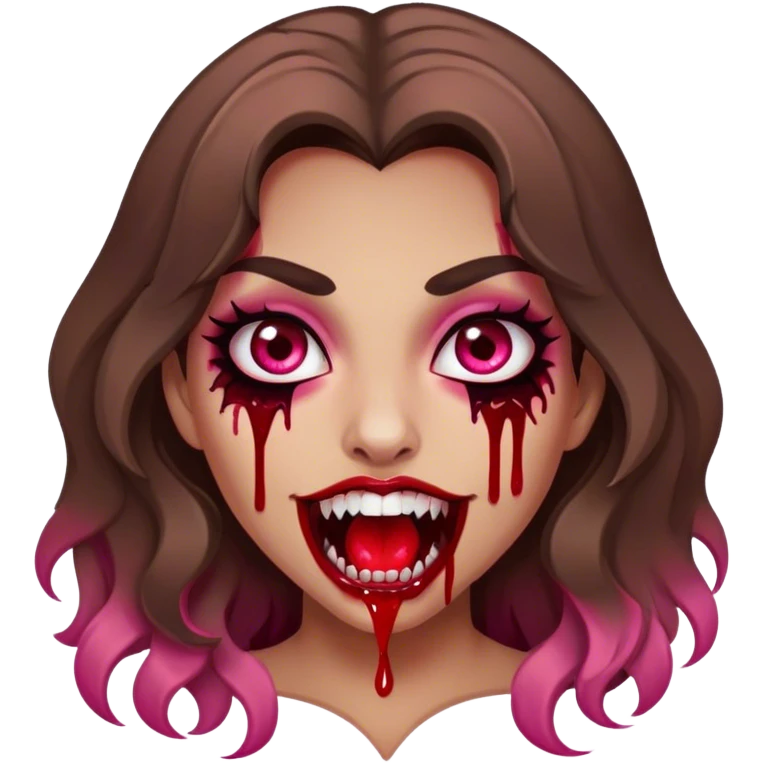 Tan girl with brown wavy hair and brown eyes with long eyelashes with vampire fangs and blood dripping from the fangs with pink blush on her cheeks  emoji