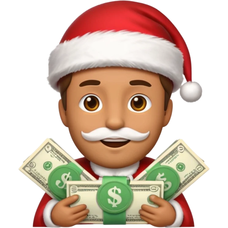 A confident rich emoji face wearing a Santa hat, money stacks, casino vibe, New Year theme, premium 3D emoji style, sharp details, no text, isolated on transparent background emoji