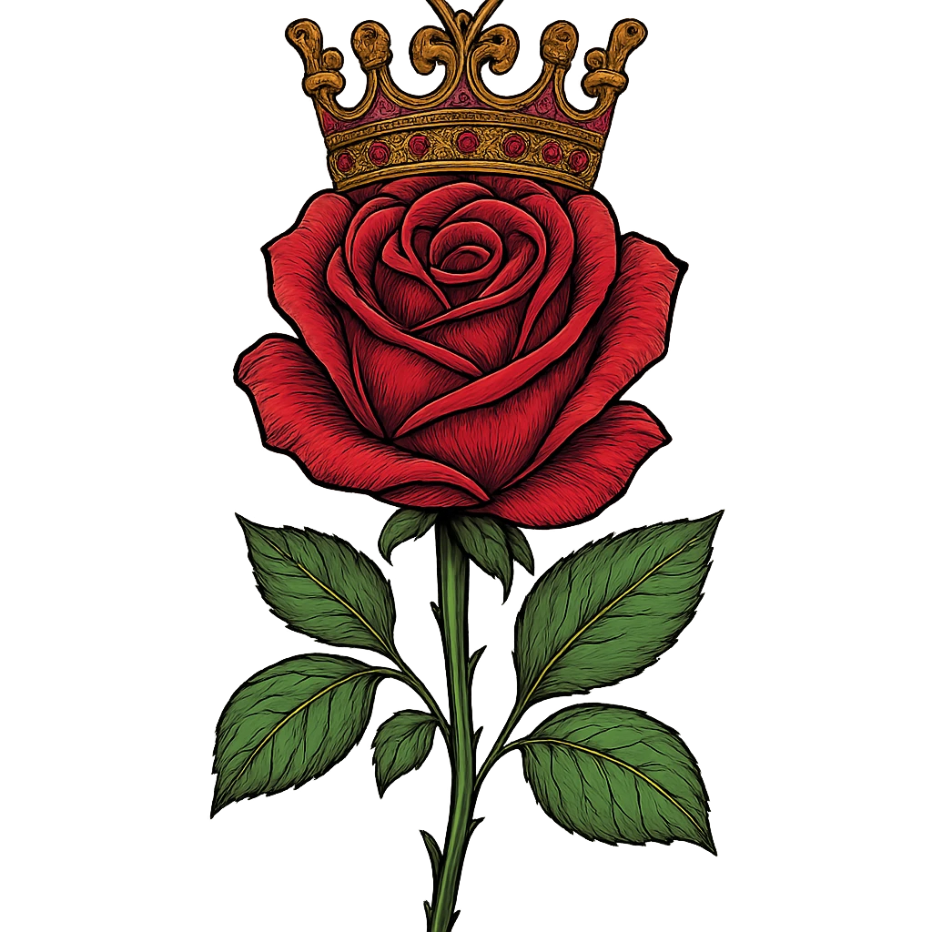 a single rose wearing a crown, stylized, elegant and regal, detailed, vibrant colors emoji