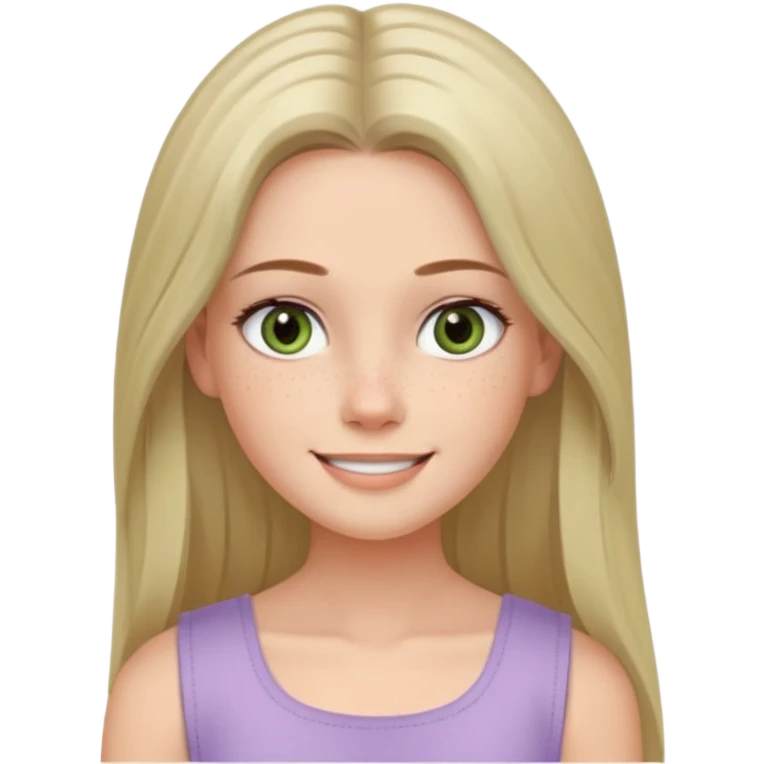 emoji of a confident woman named Freya McOmish, smiling, hazel green eyes, straight long hair with a middle part, subtle freckles, modern casual style, broad shoulders, wearing a pale lavender sleeveless deep square neck top emoji