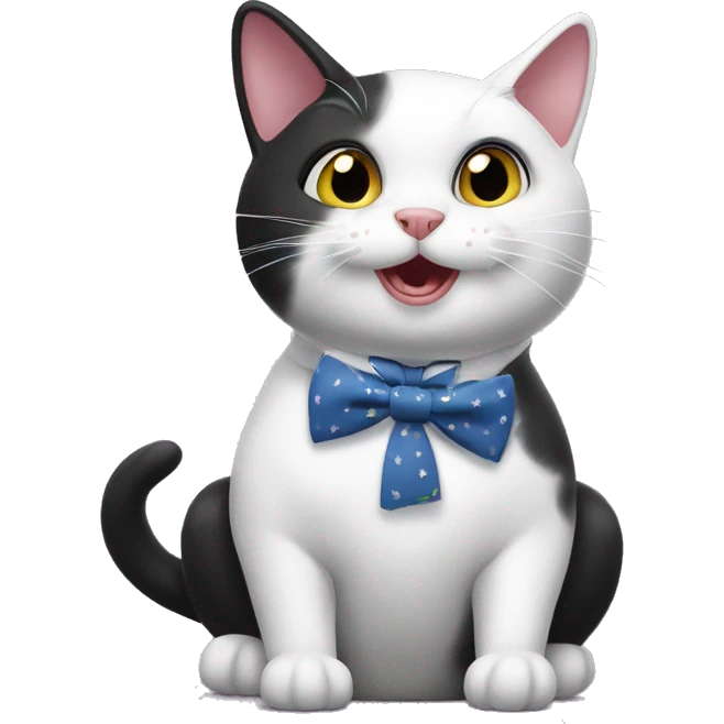 a silly black and white cat, female, with a silly bowtie, crunching some treats emoji