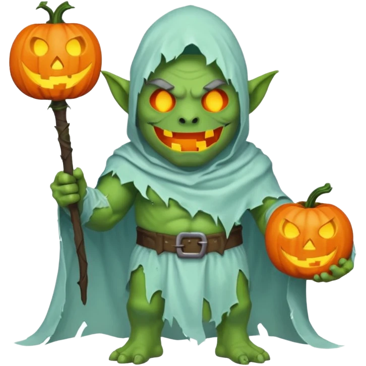 male orc ghost emoji, green skin, tusks, wearing torn white ghost sheet costume, holding glowing jack-o'-lantern, faint blue aura, friendly but spooky expression, Halloween fantasy theme, Apple emoji style, clean white background, square emoji