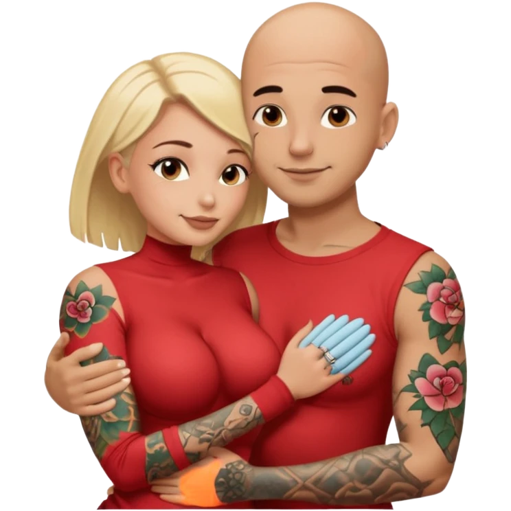 throuple tattooed sleeves bbald male with topless naked big boobed brunette and topless naked big boobed blonde girlfriends  loving  and sexy polygamy emoji