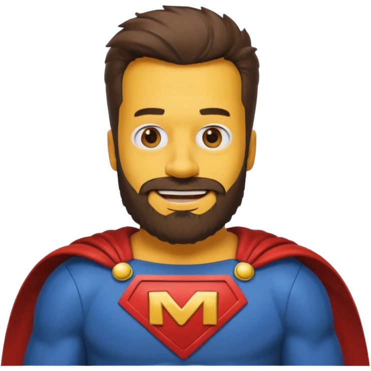 бородатый мужчина в костюме супер героя с буквой М  на груди веселится в стиле симсонов emoji