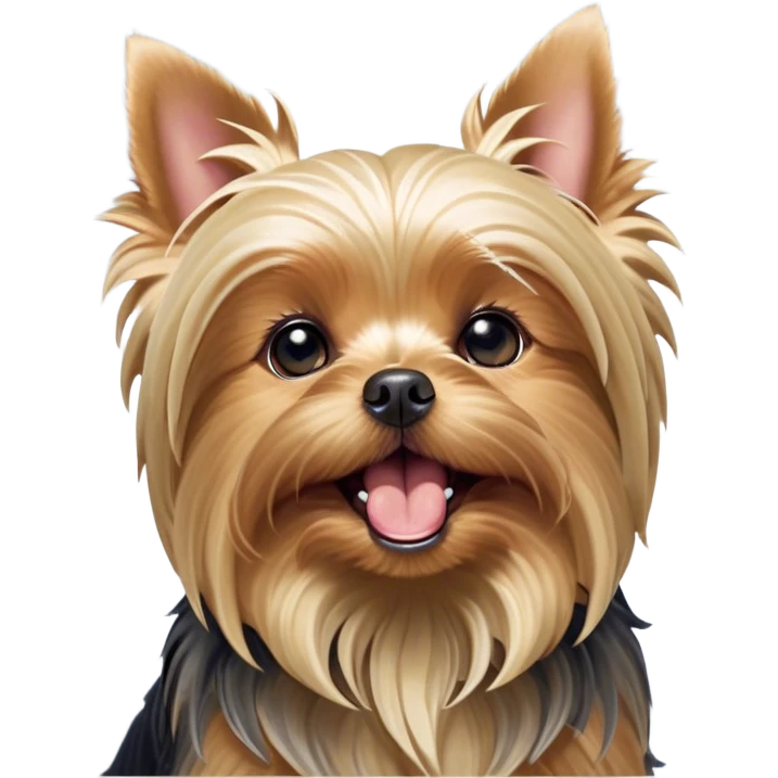 Cinematic Cute Yawning Yorkshire Terrier Portrait Emoji, Head tilted with a playful, drowsy expression and droopy, adorable eyes, featuring a soft, well-groomed fur in rich hues, simplified yet irresistibly endearing, highly detailed, glowing with a warm, cozy radiance, high shine, exuding a relaxed yet spunky charm, styled with a gentle, soft glowing outline, capturing the essence of a Yorkshire Terrier mid-yawn that seems as if it could cuddle right off the screen! emoji