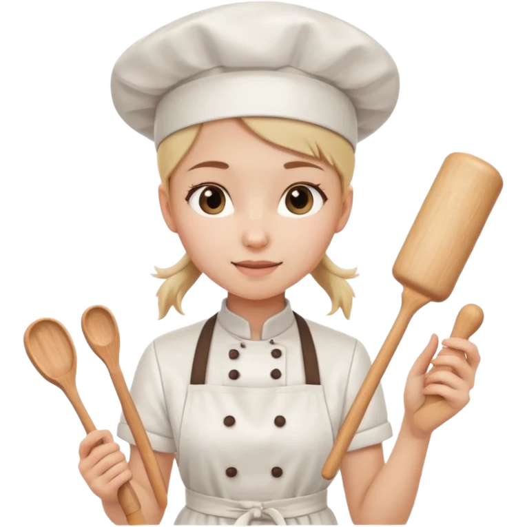 Young female pastry chef - single ponytail, apron, wearing a white hat, holding a rolling pin emoji