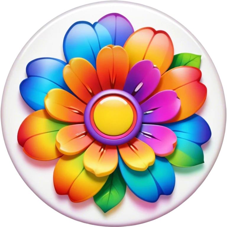A round psychedelic colored button with a large rainbow colored flower in the center emoji