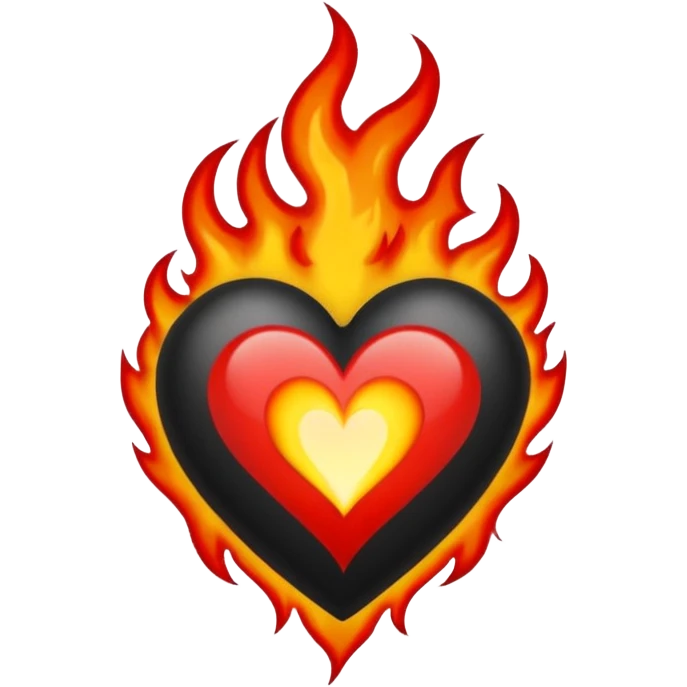 Black and red heart with small flames tattoo style emoji