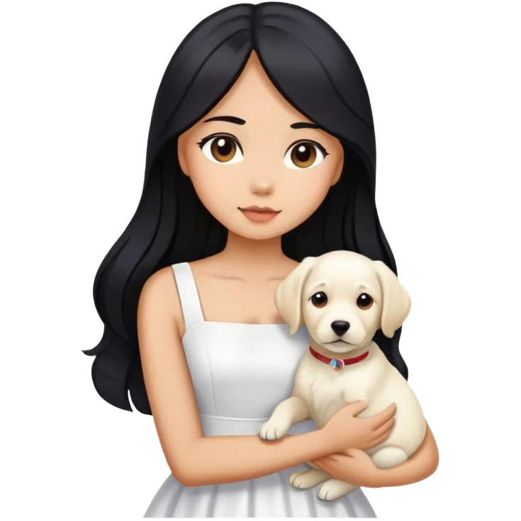 A beautiful girl with long black hair and a white dress is holding a white Labrador emoji