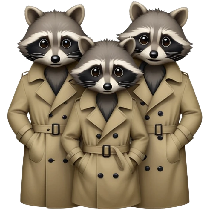 Three mischievious raccoons heads standing on top of each other pretending to be one person within single trench coat emoji