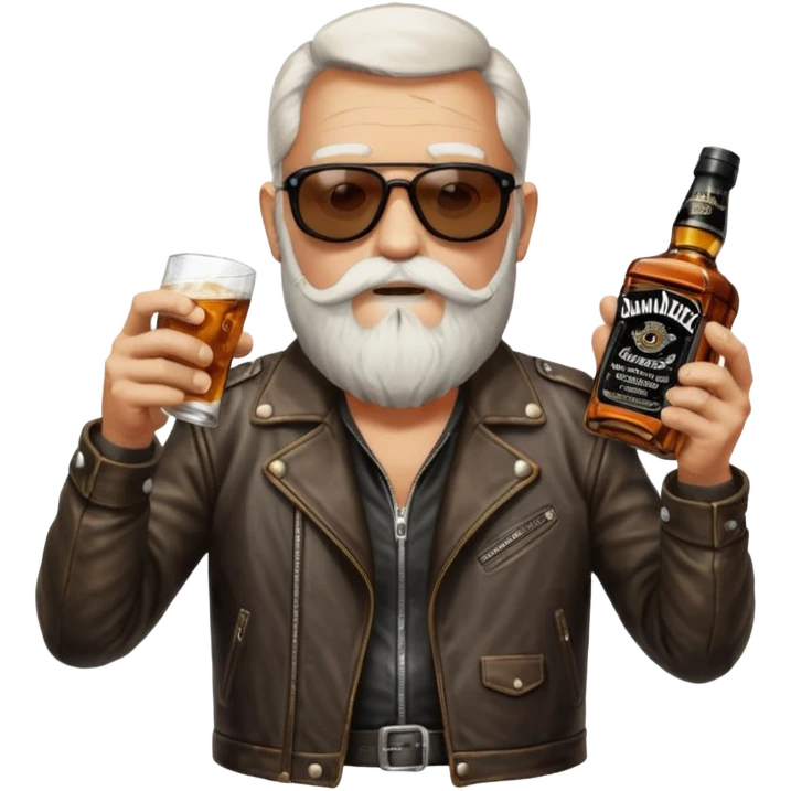 Un motero de barba blanca, gafas oscuras chupa de cuero y bebiendo de una botella de Jack Daniel's. emoji