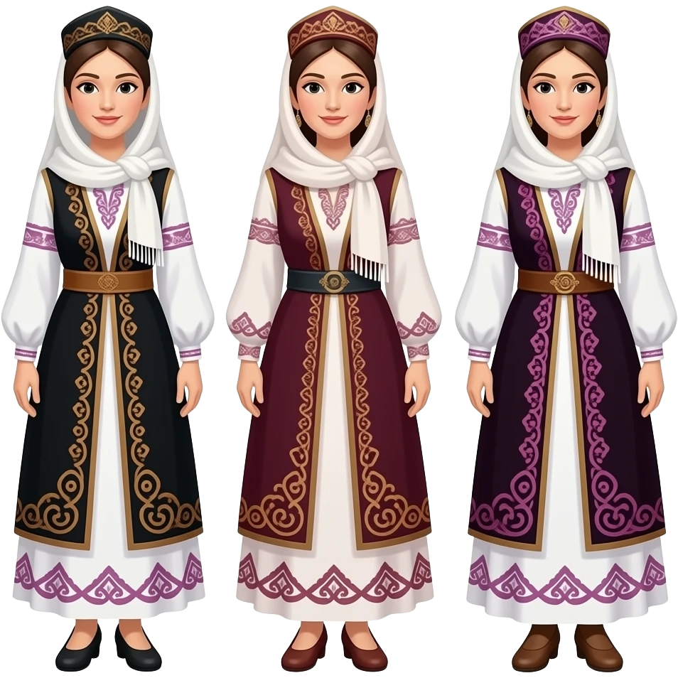 Женищины из Кыргызстана с азиатской внешностью репродуктивного возраста в обычной ожеде (женшкое платье кыргызов) и с платком, разных возрастов (1-молдоая лет 20, 2-среднего возратса лет 30, третья лет 40ка). Три персонажа во весь рост emoji