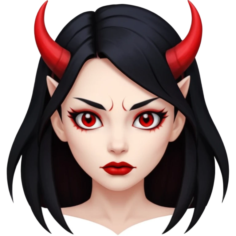 Head demon girl, strong pronounced cheekbones, sharp angular jawline, skin red everywhere, long straight sleek black hair, small horns emoji
