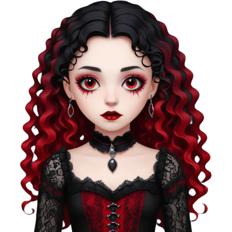 A girl with a red goth vampire look in a black and red goth lace dress with long sleeves and long black curly hair bold look on her face emoji