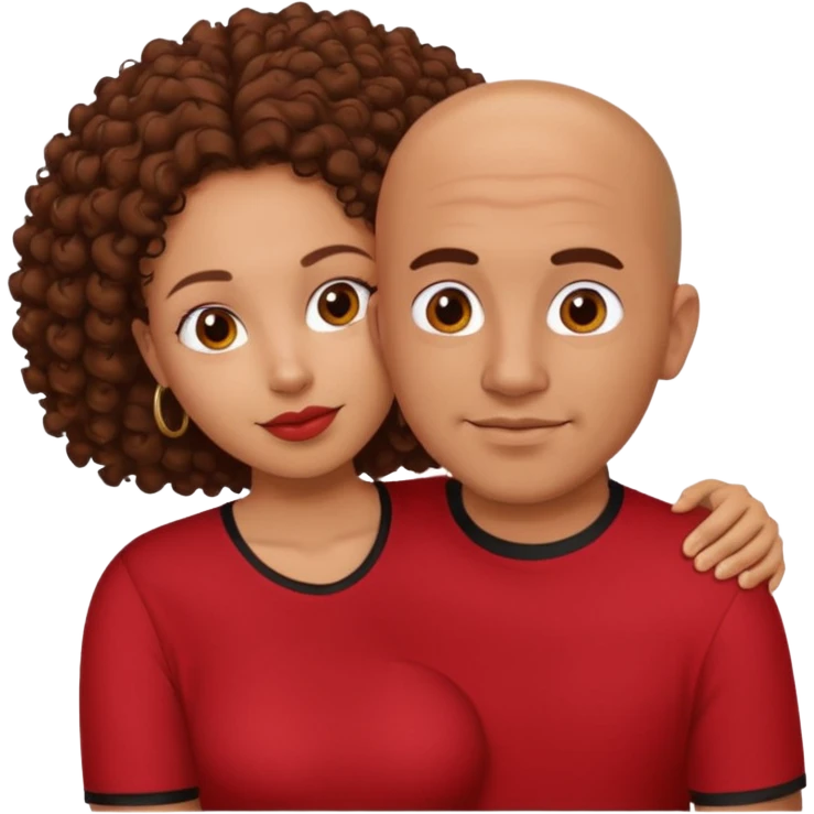 A picture of a tanned couple embracing. the guy is Mexican, with a bald hair cut and he is wearing a red shirt. the girl is mixed, the girl is wearing a black shirt, the girl has brown curly big hair and with big boobs  emoji