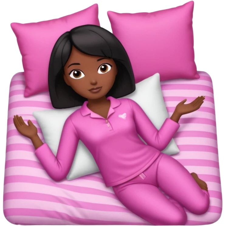 Dark skin Black barbie, short  black bob  hair, pink pajamas laying on pillow just me  emoji