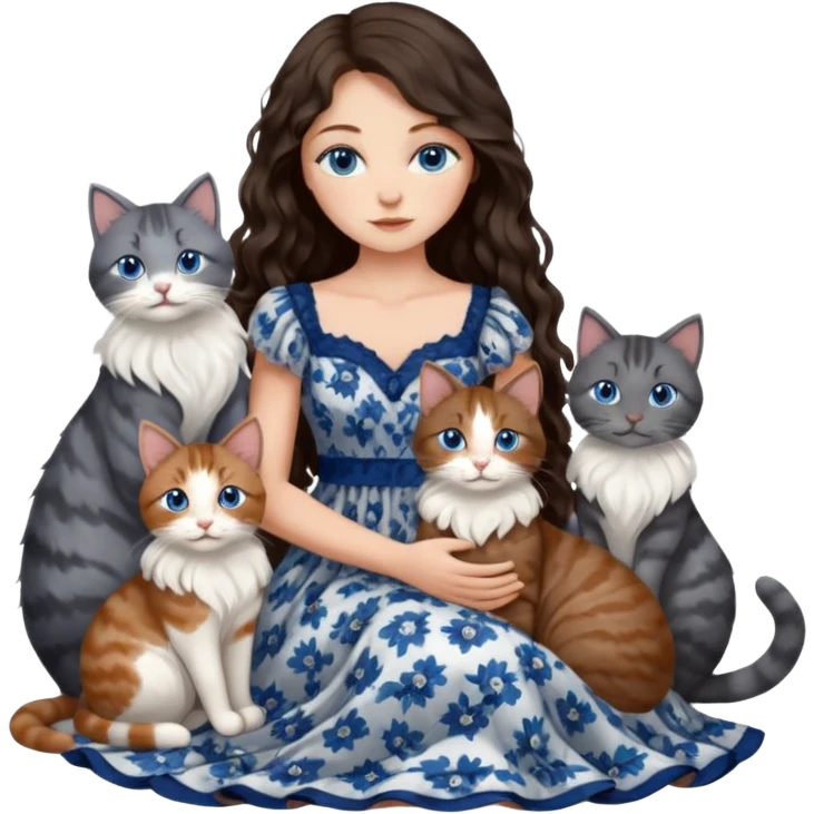 detailed realistic looking a dark grey and white cat regally sitting with six other cats, cuddling with their owner who is a pretty bratz lightly tanned white girl with long dark brown hair, blue eyes and gorgeous long wavy hair wearing a pretty detailed dress emoji