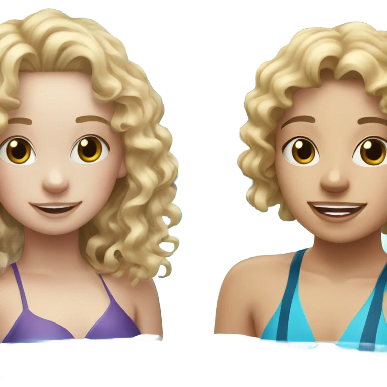Blonde curly hair girl with freckles and white brunette girl swimming inside the pool emoji
