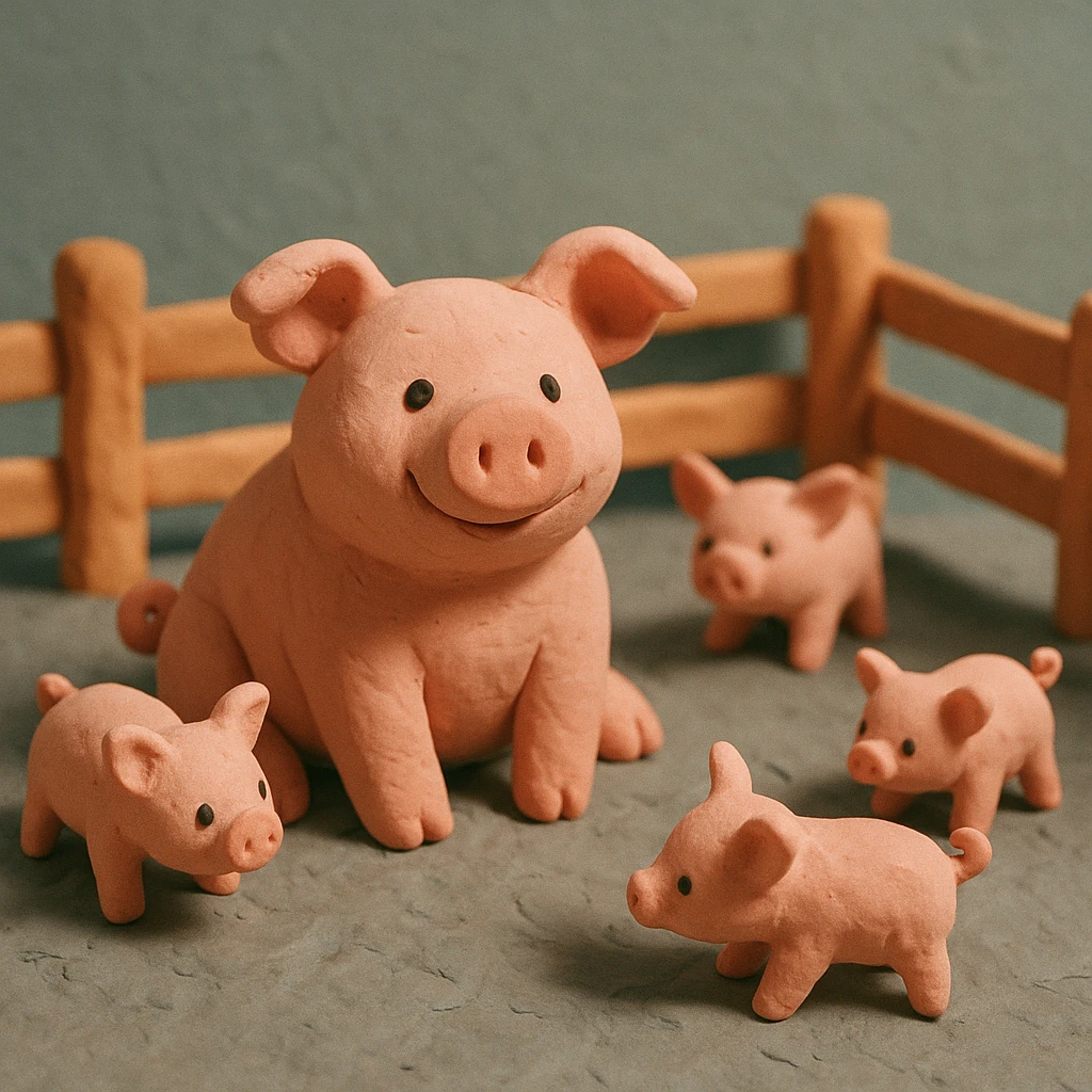 claymation style pig in a pig pen with several piglets, playful, pastel colors, visible fingerprints, textured look emoji