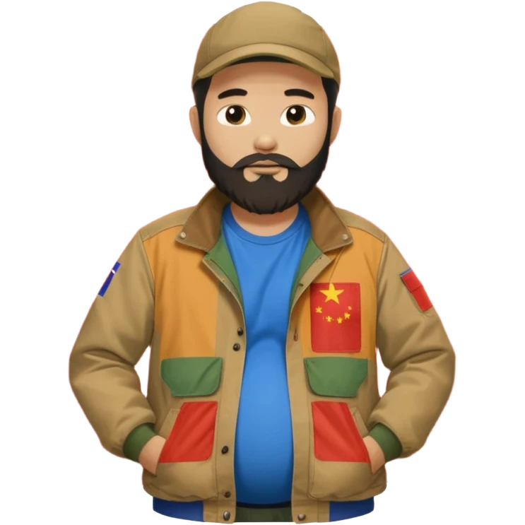 Bearded man rubbing pregnant belly poking out of a chinese flag shirt wearing a tan canvas carhartt jacket emoji