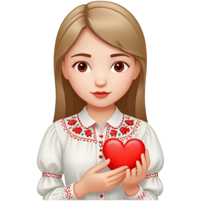 Ukrainian girl in a white embroidered shirt holds a heart in her hand emoji