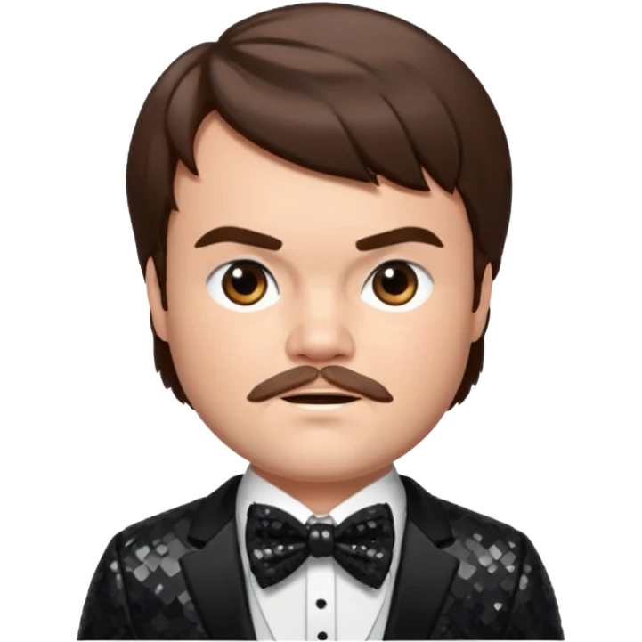 Jack Black with brown hair, black sequin suit with bow tie emoji