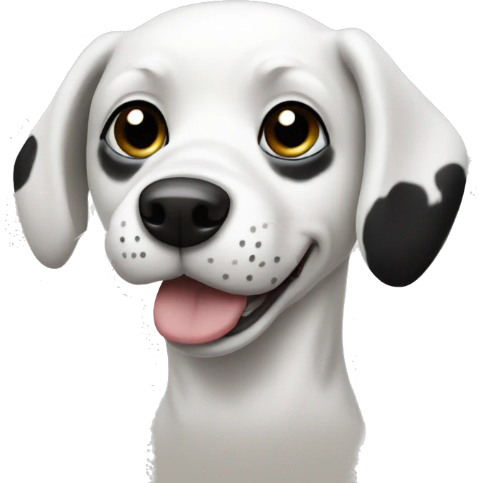 white dog with black spots and black face with white strip between eyes emoji