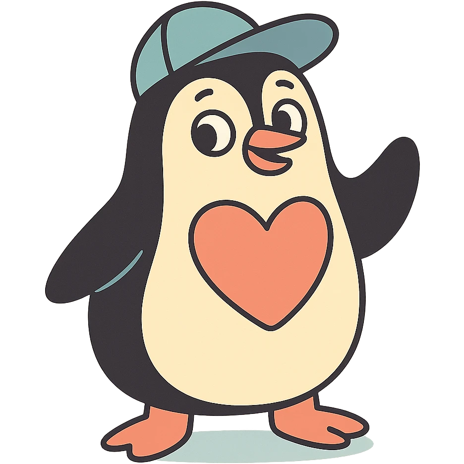 penguin wearing a baseball cap with a big heart-shaped patch on its chest in pastel-toon style emoji