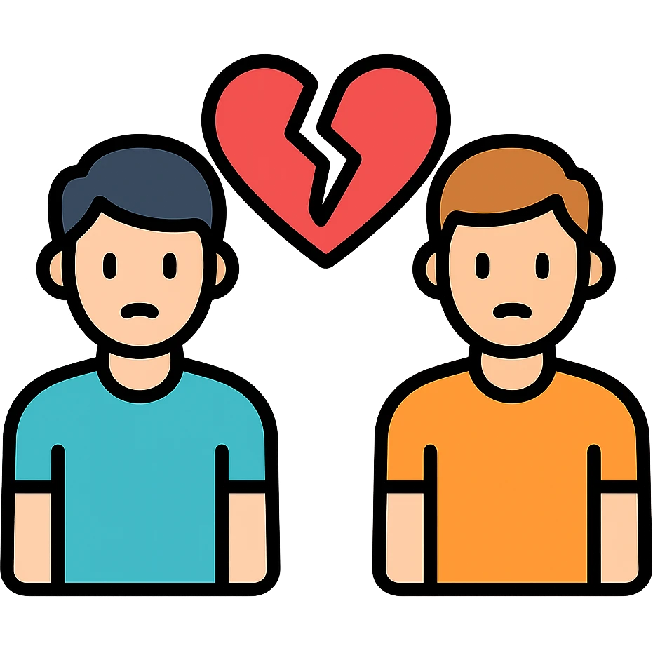 two men gay couple breaking up with a broken heart between them emoji