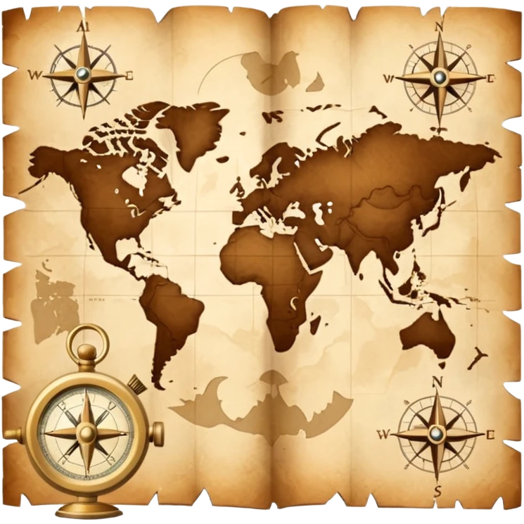 Brown golden map with Travel compass pointing to adventure emoji
