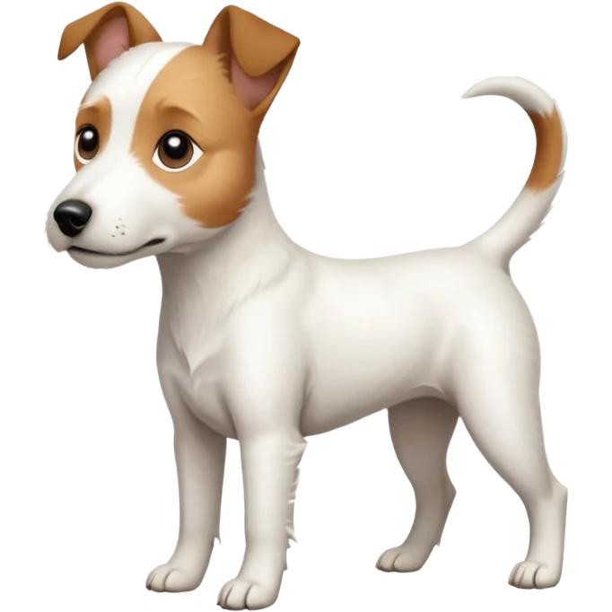 a full body slightly chubby white parson russell terrier looking dog the size of a kelpie with light brown long ears and a light brown patch on one eye and a large snout emoji