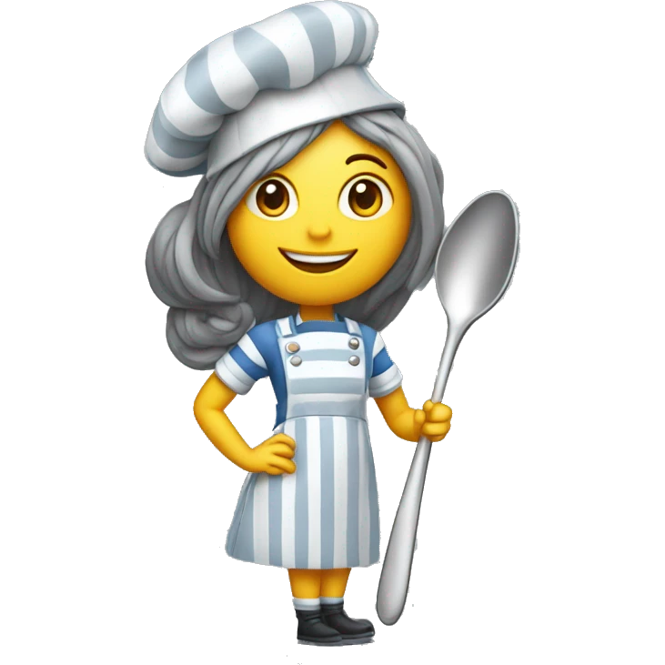 A full scale lady stripes dressed with a cooking hat and giant cooking spoon her hair is grey, and she stands in front of the camera and smiles emoji