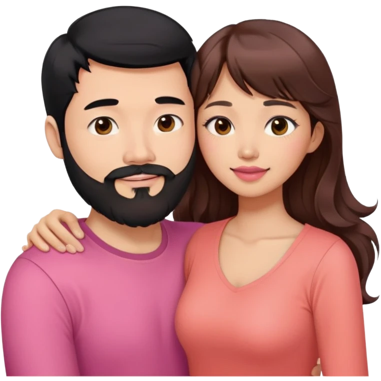 handsome asian man with black hair and beard, hugging cute woman with light tan skin and long wavy reddish brown hair, bangs, pink top, coral lipstick emoji