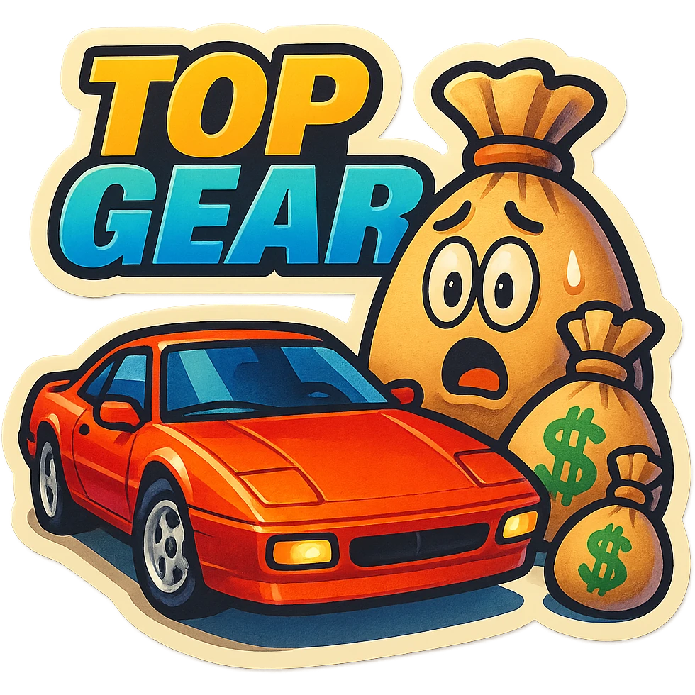 Top Gear sticker with a car and money bags, surprised theme, vivid and eye-catching emoji