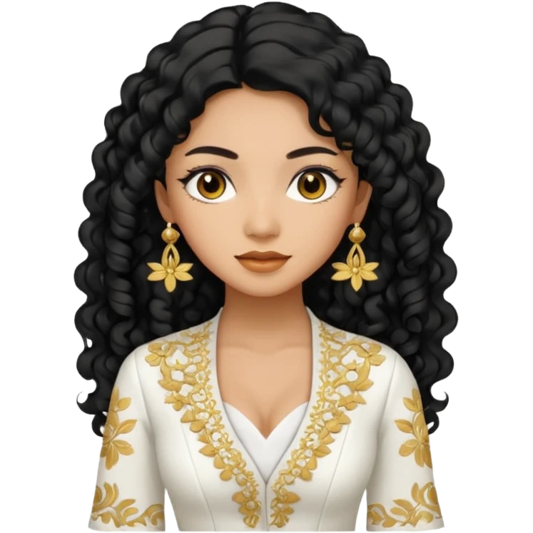 tan skin women, with black long Curly hair, wear white kebaya  emoji