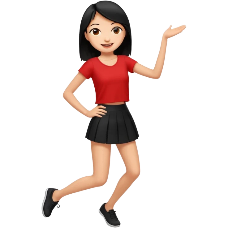 Chicas esbelta con falda corta negra y top rojo,pelo semi largo negro y lacio  super feliz,pero bailando emoji