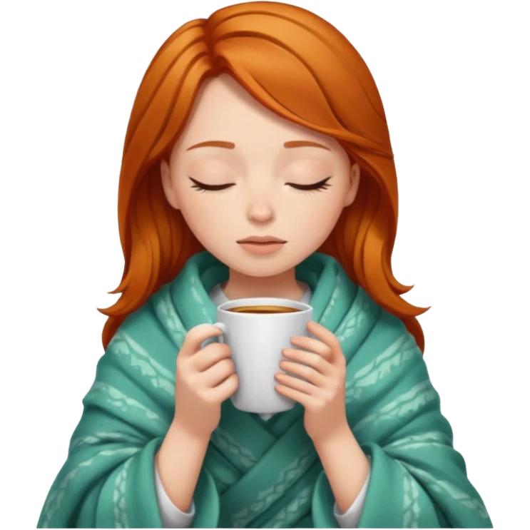 girl with ginger hair inside a blanket sipping coffee eyes closed emoji