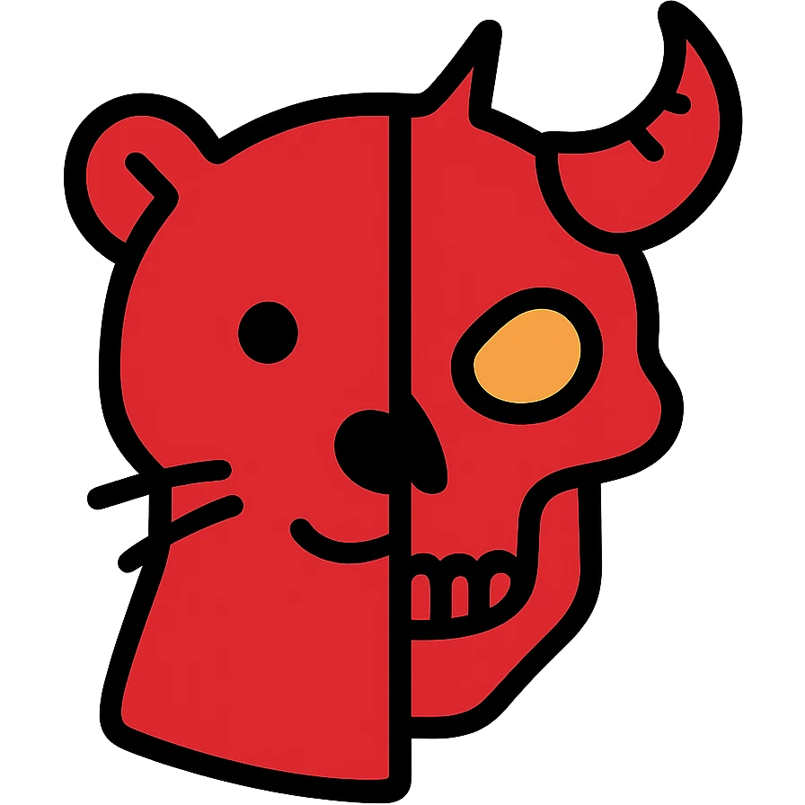 a fully red icon showing the left half of a stoat face seamlessly blending into the right half of a minotaur skull with broken horn and glowing eye, with no dividing line between them, the two halves flow together smoothly, detailed line art but minimalist design, entirely red emoji