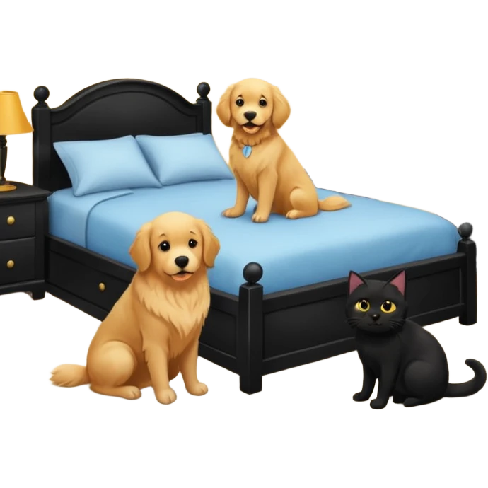 golden retriever and black cat in a bedroom emoji