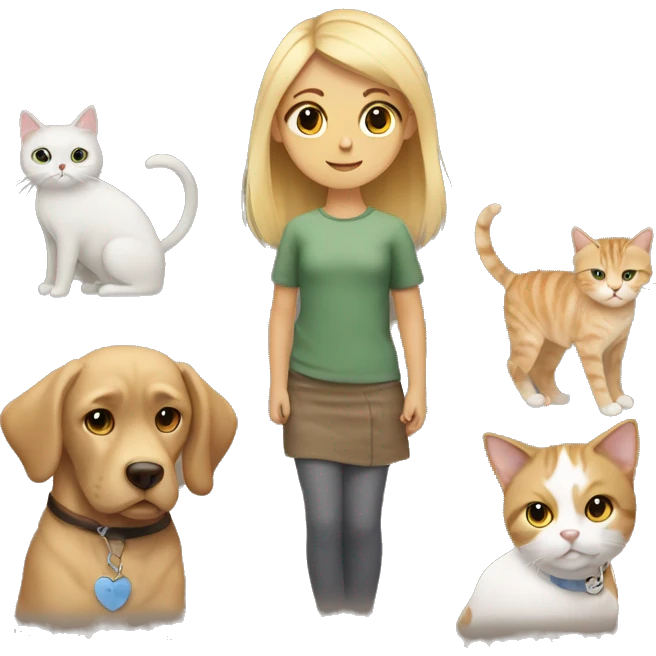 draw a girl with blond hair and brown eyes with a dog and a cat emoji