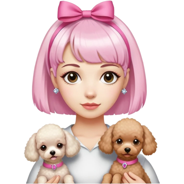 short pixie bangs platinated woman pink hair band，fair-skinned ,holding two poodles emoji