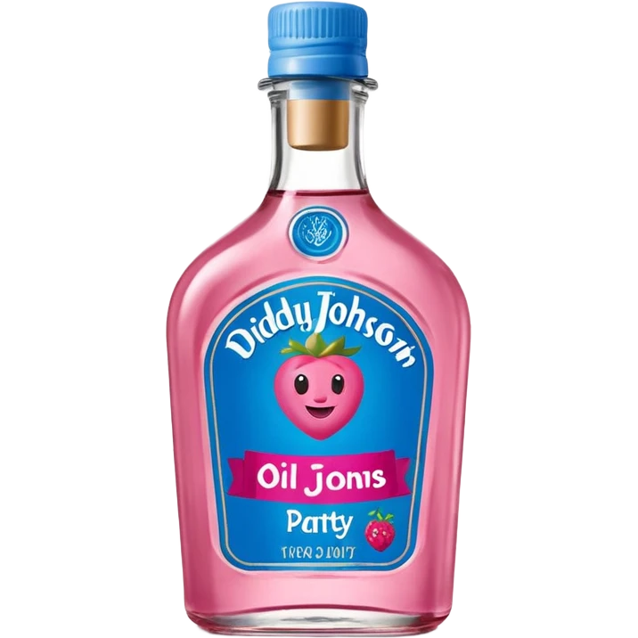 bottle of oil blue top pink outside with logo that says Diddy Party oil Johnson and Johnson  brand with a smiling berry on top emoji