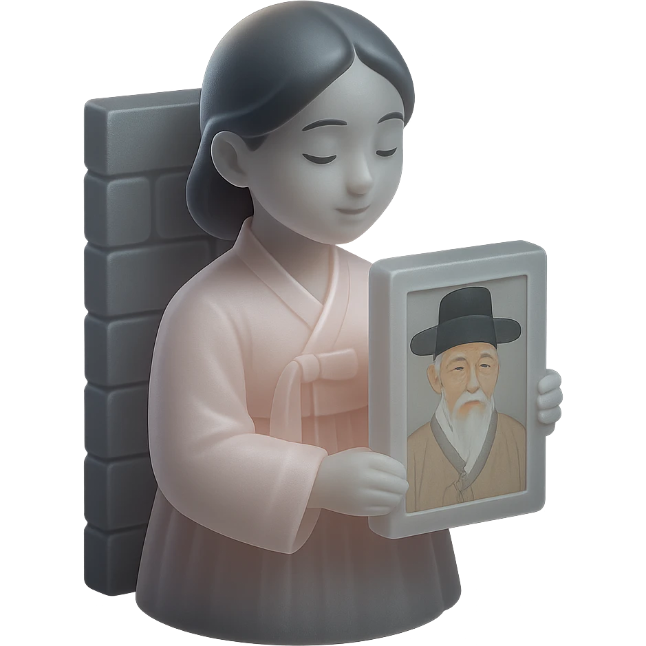 a young woman in a pale pink, sheer hanbok holding a traditional Korean portrait in front of a grey stone wall, matte glass style emoji