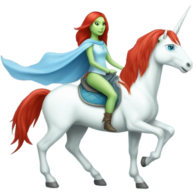 [
	{ a light green Amazon alien woman [ with red hair, with blue eyes]} 
	on a 
	[{ unicorn: white, six-legged, mane: light blue }] emoji