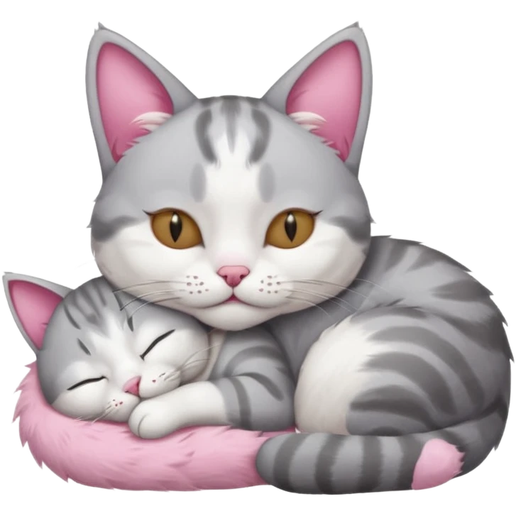 grey and white small cat with its eyes closed lying down with his paw curled under his head holding it up emoji