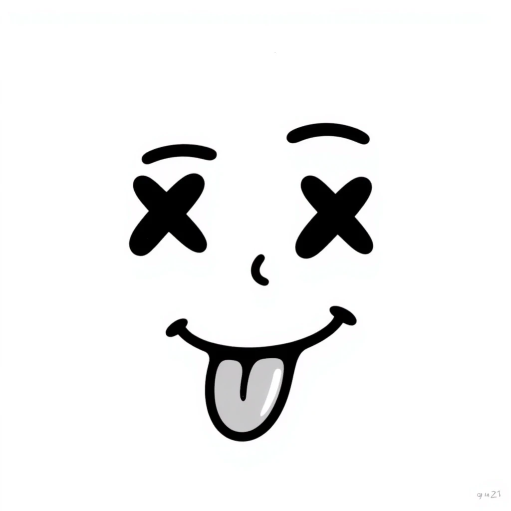 A hand-drawn face with X eyes and tongue out emoji