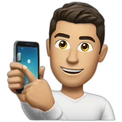 Cristiano Ronaldo holding a cell phone pointing at him emoji